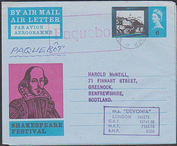 GB NORWAY 1966 MS DEVONIA GB Shakespeare airletter STAVANGER PAQUEBOT.......1053