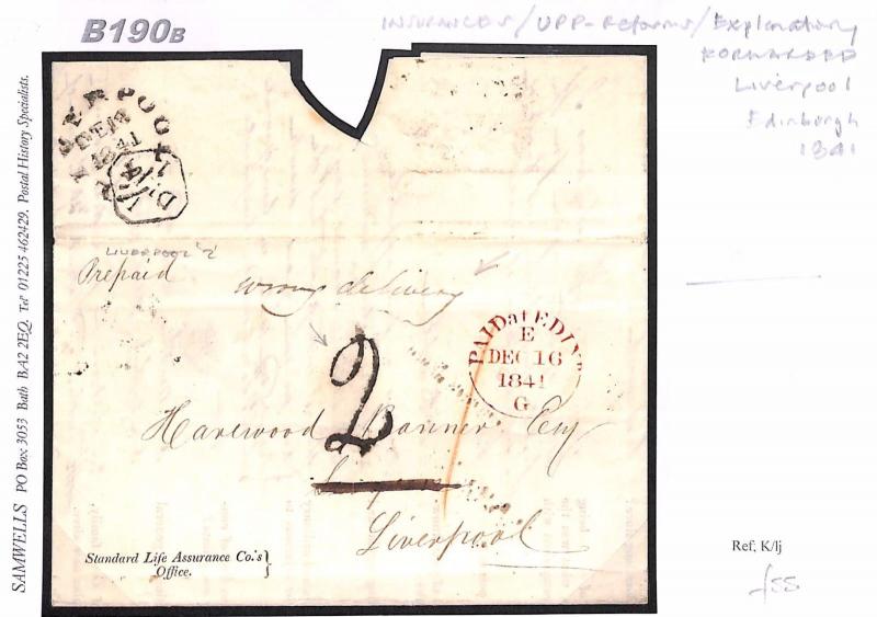 GB Scotland Edinburgh Liverpool Handstruck 2 Insurance Redirected 1841 B190b 