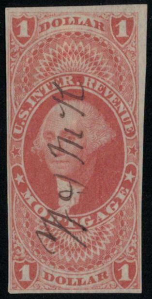 US #R73a VF, ample to huge imperf margins, ink bleed through resulting in ink...