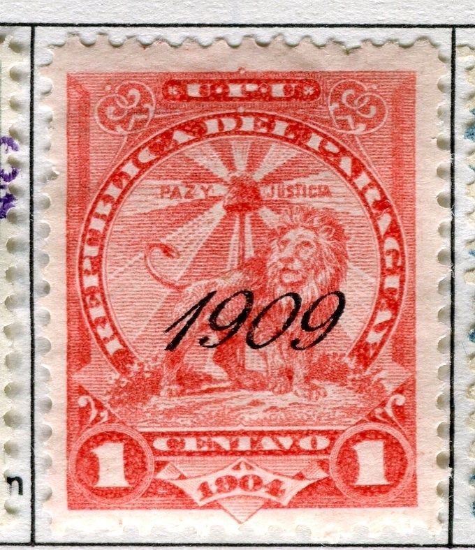 PARAGUAY; 1909 early Lion type Optd. issue fine unused 1c. value / HipStamp