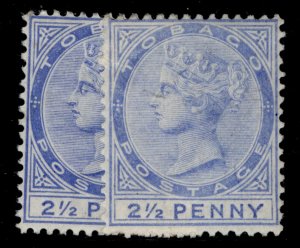 TOBAGO QV SG16a + 16b, 2½d SHADE VARIETIES, M MINT. Cat £35.