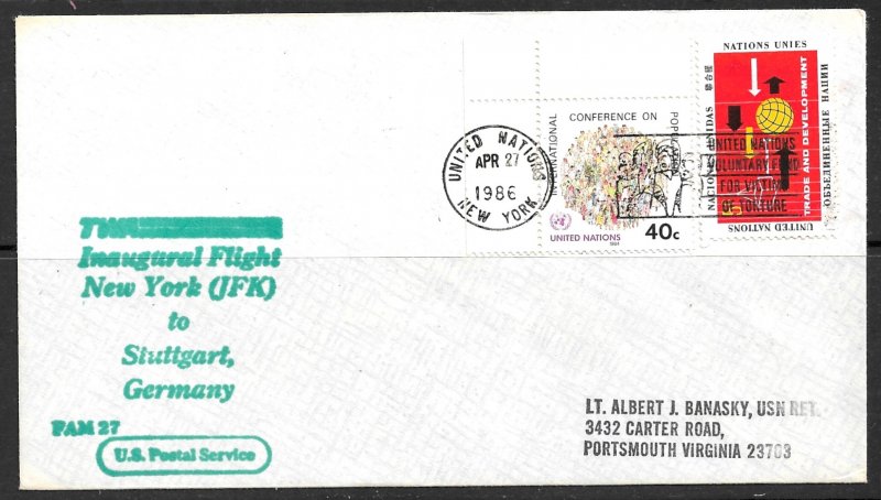 UNITED NATIONS NY 1986 TWA to Stuttgart Germany First Flight Cover