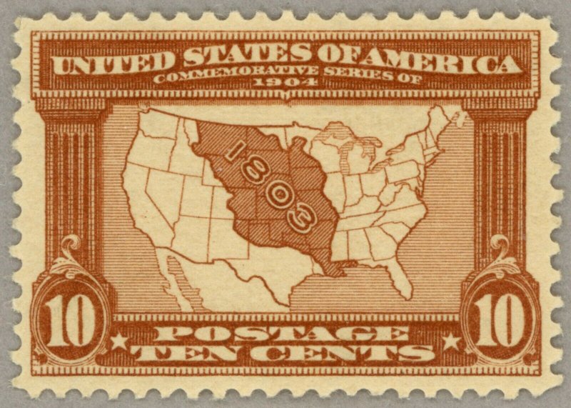 US Scott#327 OG XF-Superb centered 1904 10c Louisiana Purchase map