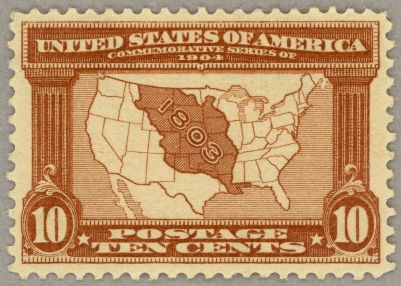 327 - 1904 10c Louisiana Commemorative: Map of the Louisiana Purchase -  Mystic Stamp Company