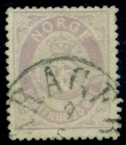 NORWAY #28 (30) 25ore lilac shaded posthorn, used w/Kragero cancel, VF