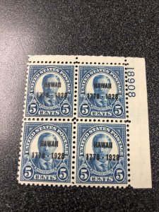 US SCOTT #648 Hawaii Overprint 5 Cents Plate Block Of 4, “ Superb” MNH