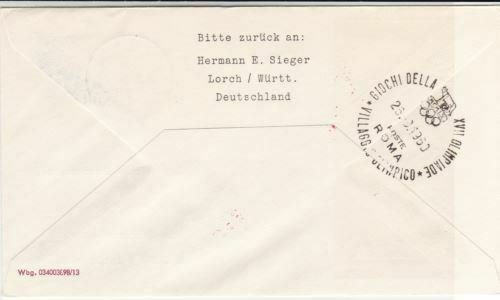 Lufthansa frankfurt to rome 1960 olympics  air mail fight stamps cover ref 19760