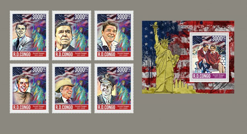 Stamps. USA Ronald Reagan, 6 stamps + block  perforated 2023 year Congo NEW