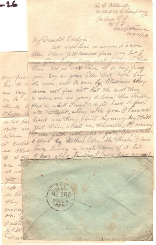 IRAQ WW1 Cover INDIA *FPO 366* Somerset Light Infantry 1918 Soldier Letter MAL26