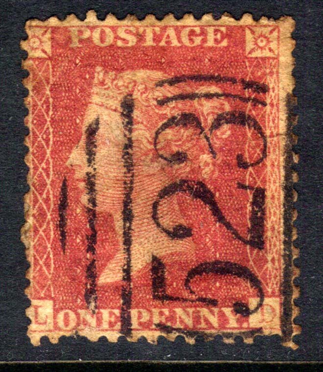 GB 1856 – 58 QV 1d Red Large Crown Perf 14 ( L & D ) 523 Pmk  ( E485 )