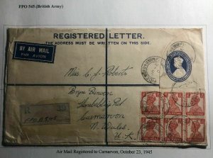 1945 India British Field Post Registered Airmail Cover To Carnarvon England