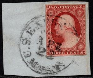 $US Sc#11a used/XF, experimental orange brown on piece, APS Cert., Cv. $300