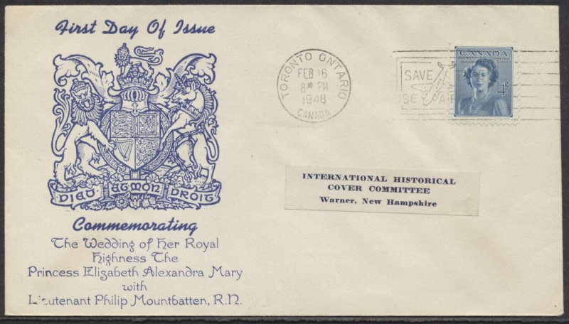 1948 #276 Royal Wedding FDC, Overseas Mailers Cachet, Toronto Air Mail Slogan