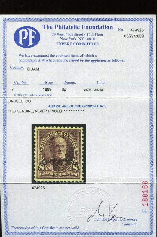 Guam Scott 7 Overprint  Mint NH Stamp with PF Cert (Stock Guam 7 PF-1)