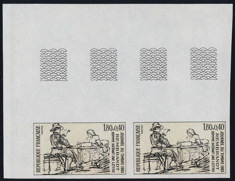 France B556 imperf pair MNH Art, Man dictating a letter, Rembrandt, Stamp Day