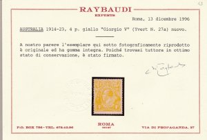 1915 AUSTRALIA - Yvert 27a 4d. yellow MNH/** Raybaudi certified