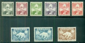 GREENLAND #1-9 (1-9) King Christian X/Polar Bear set LH, VF, Scott $36.00