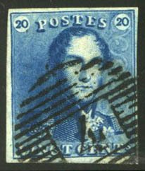 Belgium #2 Cat$57.70, 1849 20c blue, used, margins all around