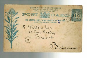 1892 Sydney Australia postal stationery postcard cover to Belgium