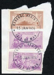 Isle of Man 2 x 10/- Purple and 1/- Brown QEII Pictorial Revenues CDS On Piece