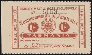 TASMANIA Beer Duty 1903 Crown 1/- NEI 3 Dozen Bottled smaller size. Rare.