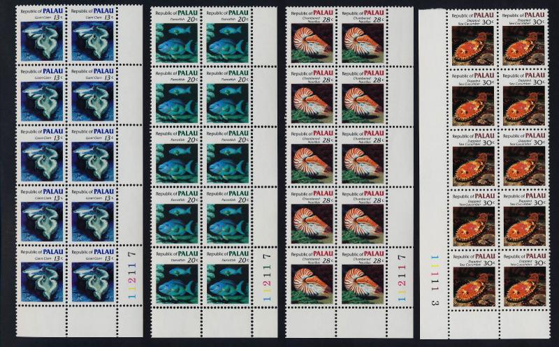 Palau 9-19 Plate Blocks of 10 MNH Fish, Coral, Shells, Turtle