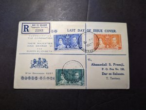 1937 Registered British KUT Coronation Last Day Cover Dar Es Salaam Local Use