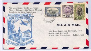 SIAM (THAILAND) Air Mail Cover PAN-AM CLIPPER FIRST FLIGHT 1947 USA Cisco XW26
