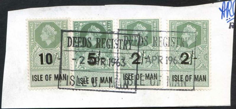 Isle of Man QEII 10/- 5/- and 2 x 2/- Key Plate Type Revenues CDS on Piece