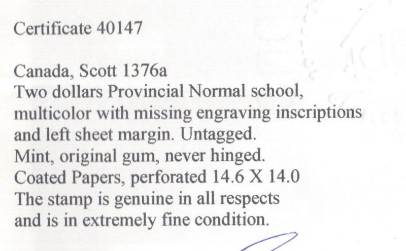 Canada #1376a Extra Fine Never Hinged Missing Inscriptions  **With Certificate**