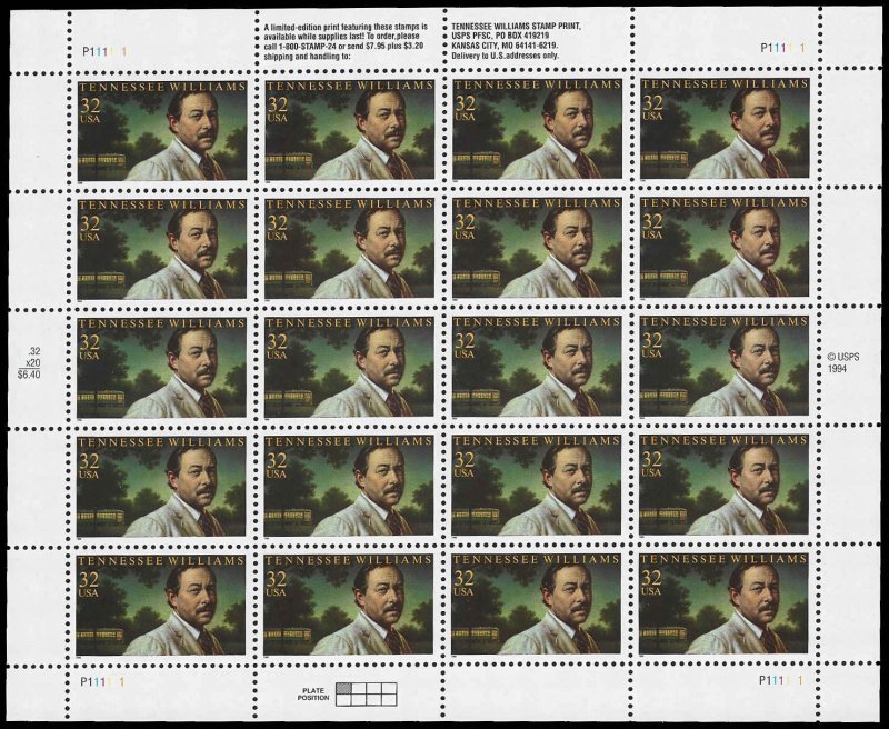 PCBstamps   US #3002 Sheet $6.40(20x32c)Tennessee Williams, MNH, (1)