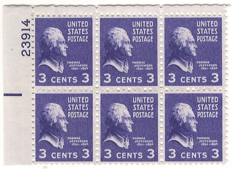 #807 – 1938 3c Jefferson, purple – MNH OG Plate Block of 6