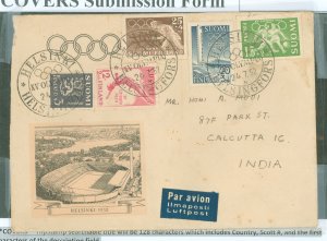 Finland B110-B113 1952 Olympic cover to India with Calcutta backstamp