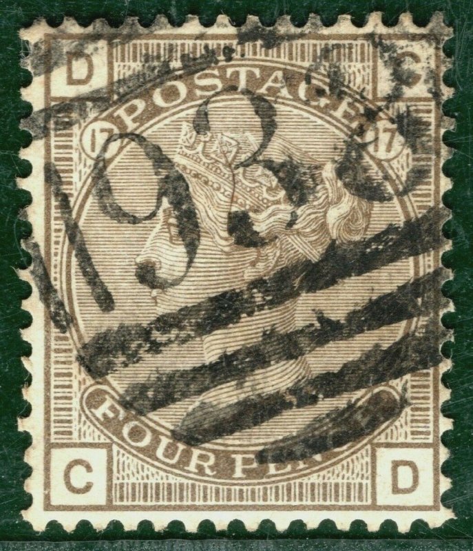 GB QV Stamp SG.160 4d Grey-Brown Plate 17 (1880) Numeral Used Cat £80 PRED112