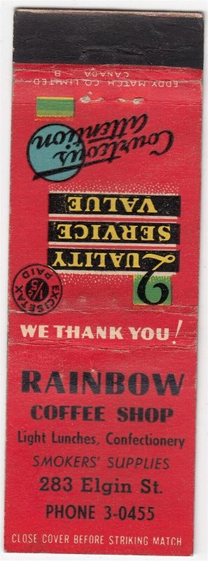 Canada Revenue 1/5¢ Excise Tax Matchbook RAINBOW COFFEE SHOP Ottawa, Ont.