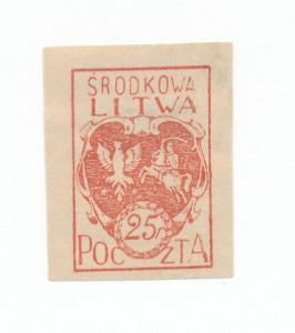 Central Lithuania 1920 Scott 1 MH Imperf - 25f, Coat of Arms