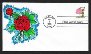 UNITED STATES FDC 32¢ Rose booklet stamp 1995 TB Hand Colored