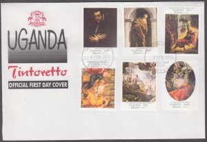 UGANDA Sc #1290-7 SET of 3 FDC - 6 STAMPS + 2 S/S BIBLICAL ART by TINTORETTO