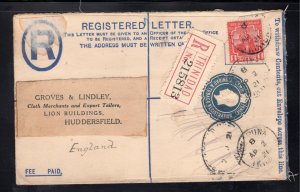 Trinidad 1921 Tunapuna to England 2p blue Registered Letter uprated 1p Britannia