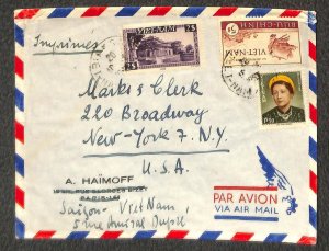 VIETNAM 8 16 & 18 STAMPS SAIGON MARKS & CLERK NY AIRMAIL COVER (c. 1957)