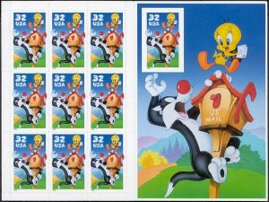 Sylvester and Tweety Sheet of Ten Stamps with Imperforate 10th Stamp Scott 3205