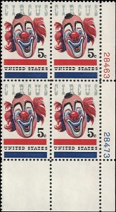 Scott # 1309 1966 5c red, bl, pink & blk  Circus Clown  Plate Block - Lower R...