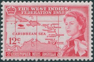 St Kitts-Nevis 1958 12c scarlet SG122 unused