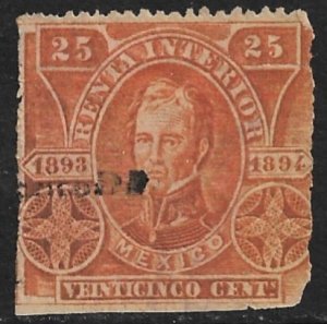 MEXICO 1893-94 25c President Victoria Internal Revenue Renta R109 MEXICO DF Used