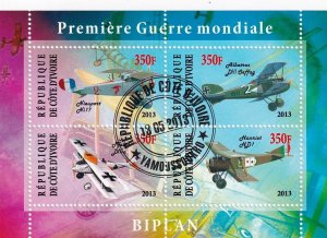 G014 Ivory Coast 2013 WWI Aircrafts Biplanes minisheet cinderella