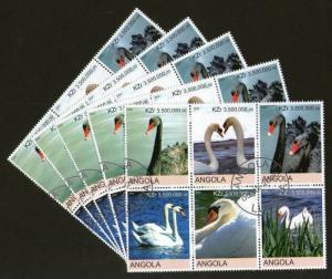 Angola 2000 Water Birds Black & White Swans Setenant BLK/6 Cancelled X5 # 13508