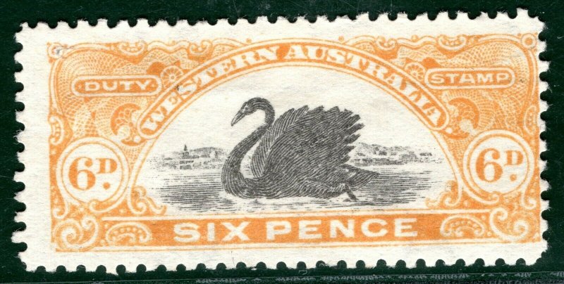 WESTERN AUSTRALIA KGV Revenue STAMP DUTY 6d Swan (1923) Mint LMM LBLUE41