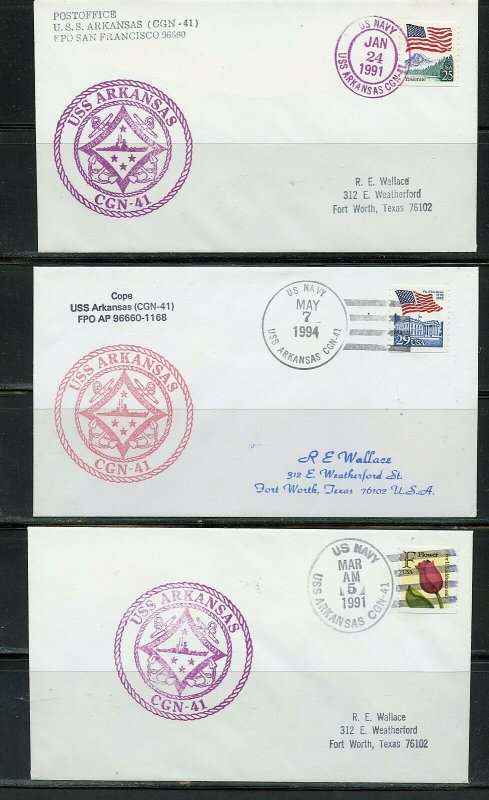 USS ARKANSAS (CGN-41)  LOT OF 15 COVERS 1994-1991 WITH DUPLICATION AS SHOWN (3)