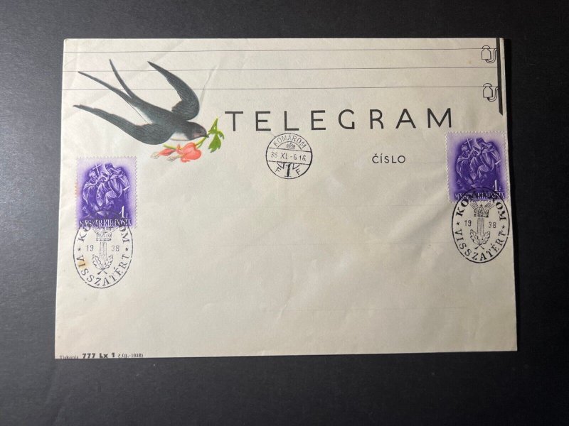 1938 Hungary Telegram Cover Komarom Visszatert Swallow Bird Flower