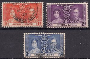 Sierra Leone 1937 KGV1 Set of Coronation Used SG 185 – 187 ( G1467 )
